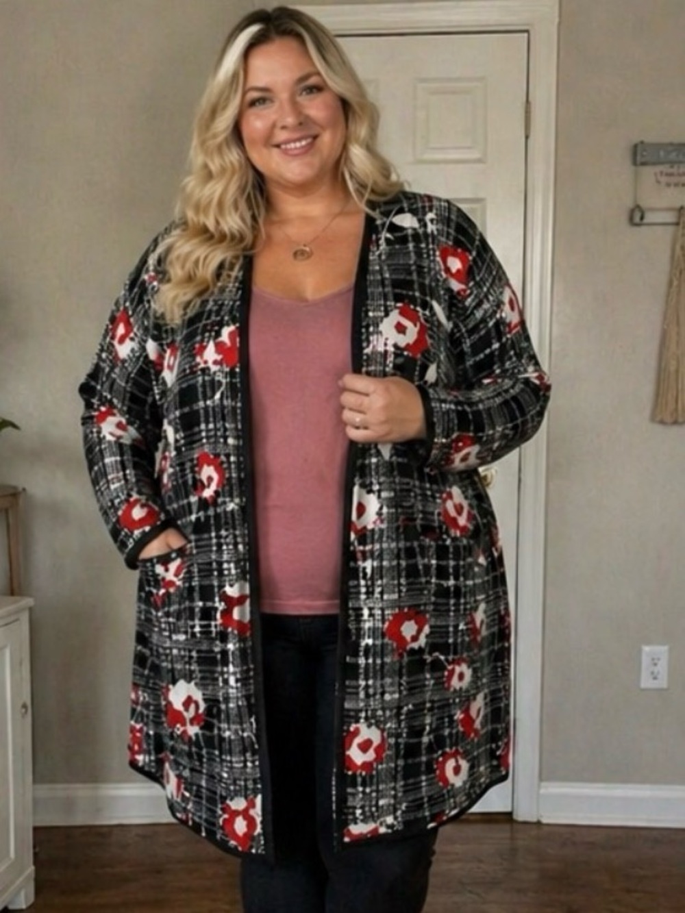 NWT NY Collection Black Plaid Floral Kimmi  Cardigan  1X